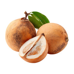 Two whole fruits and a half fruit with green leaves