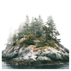 Misty island, coastal forest, ocean, tranquil scene, nature photography, travel poster