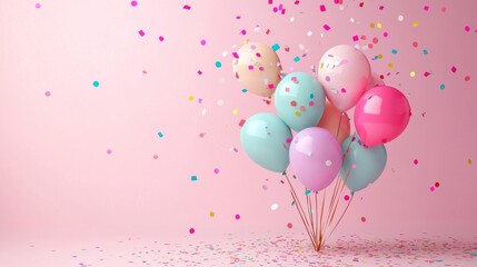 A pink and blue balloon bouquet with pink and blue confetti against a pink background.