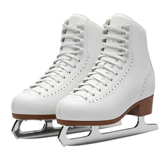 Elegant white figure skates with sharp blades ready for graceful performance on ice, capturing the essence of winter sports and athletic pursuit.