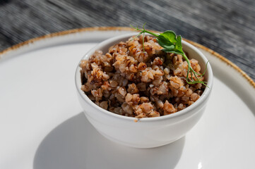 A plate of buckwheat in a cafe. 