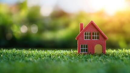A red toy house on a green lawn with a blurred background of trees and sunlight.