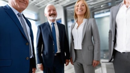 Professional Partnership: Group of professionals exude confidence and poise in a modern workspace, showcasing collaborative teamwork and professional attire.