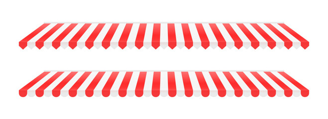 Striped shop window tent set. Store awning pattern collection. Cafe or restaurant roof canopy pack. Red and white stall market place cover. Striped sunshade design template. Vector