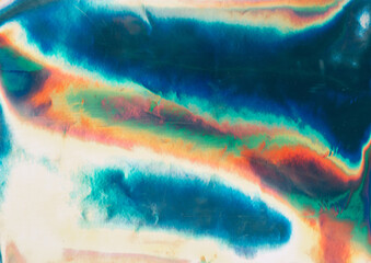 Gradient leak. Dust scratches noise. Colorful foil reflection texture distressed screen. Fantasy light flare curve distortion background.