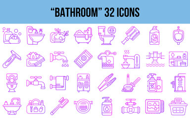 Bathroom icons set with cleaning tools and toiletries in pink outline  