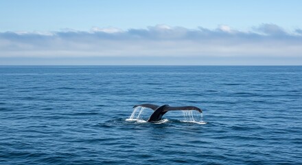 Obraz premium Whale Tail Flipping in Open Ocean Under Blue Sky