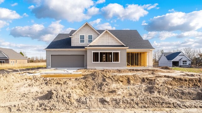 A new house under construction with a partially completed exterior and a partially completed interior, surrounded by a dirt lot with a blue sky and white clouds in the background.