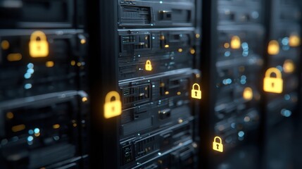 Data security with server racks and glowing padlock icons, protection
