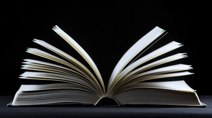 An open book with pages spread out, revealing a blank page on the right side.