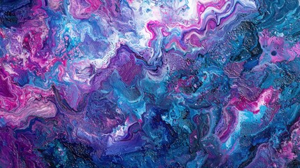 Obraz premium A vibrant, abstract painting with swirling, colorful patterns in shades of blue, purple, and pink.