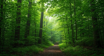 Obraz premium Lush Green Forest Path Surrounded by Tall Trees and Dense Foliage in Natural Light