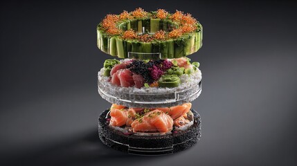Three-tiered sushi presentation with layers of ingredients floating in mid-air, artistic concept