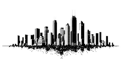 Fototapeta premium Stylized cityscape skyline, monochrome illustration of modern skyscrapers and urban sprawl.