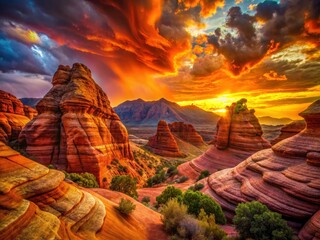 Nevada's Red Rock Canyon: a breathtaking double exposure of sunset and towering sandstone.