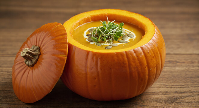 Pumpkin soup served in hollowed pumpkin on wooden table  