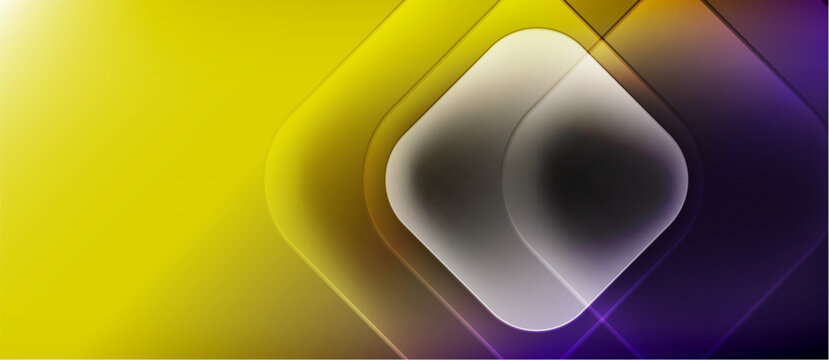 Abstract composition features layered squares, yellow to purple gradient. Soft glow emanates from central shape, creating depth. - Powered by Adobe