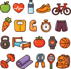 20 Healthy Lifestyle Icons &ndash; Colorful Cartoon Vector Set