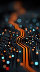 Abstract circuit board design with glowing orange lines and blue/orange lights