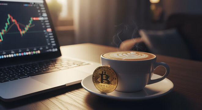 A physical Bitcoin coin rests against a steaming cup of coffee next to a laptop showing a financial trading chart.