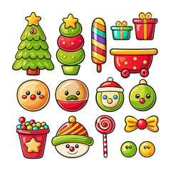 christmas icons set. Merry Christmas and Happy New year. Santa Claus, Christmas tree, gifts, cocoa, coffee, gingerbread in trendy retro cartoon style