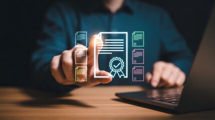 Person Selecting Digital Certificate Document from Digital Interface near Laptop finger