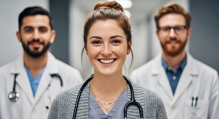Portrait of a diverse team of smiling medical professionals standing together in a clinic.