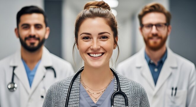 Portrait of a diverse team of smiling medical professionals standing together in a clinic. - Powered by Adobe