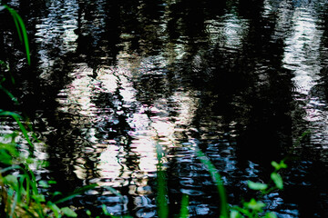 The water surface reflecting the morning sunlight closeup macroo backgound