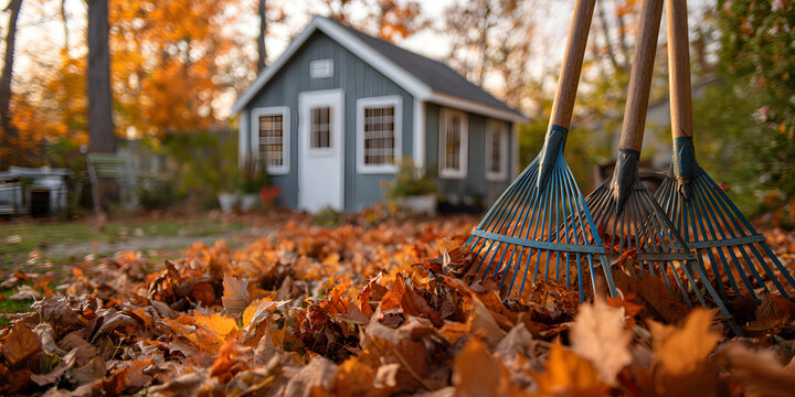 pile of crunchy fall leaves with rakes and a garden shed in the background, Fall yard work, Fall