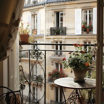 Cozy balcony view adorned with flowers overlooking a charming Parisian street with historic architecture