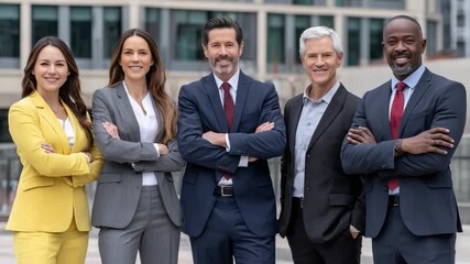 Professional Team in Cityscape: A confident and diverse group of business professionals poses in front of a modern building, showcasing their united front and successful careers. - Powered by Adobe