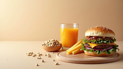 A juicy double cheeseburger, french fries, and a glass of orange juice on a light beige surface.