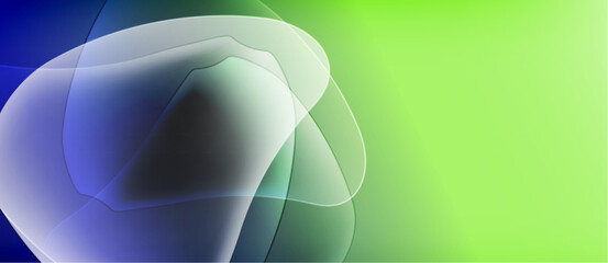 Abstract gradients blend blue, green hues. Soft shapes overlap creating luminous effect. Minimalist design evokes fluidity, calm.