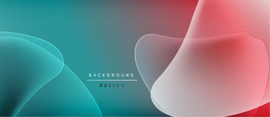 Abstract background features fluid shapes, teal and red hues. Gradient blends create modern visual effect. Minimalist design.