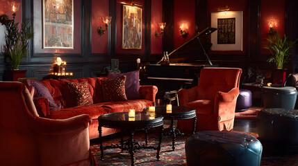 Plush velvet seating and intricate table settings enhance the glamour of a jazz lounge