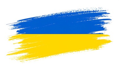 A stylized flag, painted with visible brushstrokes, featuring horizontal blue and yellow bands