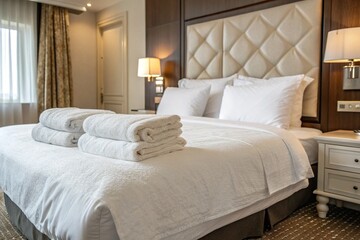 Luxury hotel room with crisp white linens, soft pillows, and neatly arranged towels. Evokes comfort, relaxation, and cleanliness—perfect for hospitality, wellness, and upscale lodging imagery.