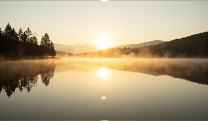 A picture of the sun setting over a lake with trees.