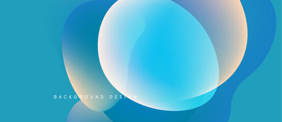 Abstract fluid shapes overlap, creating vibrant blue gradients. Smooth curves suggest motion, modern design aesthetic. Background features text.