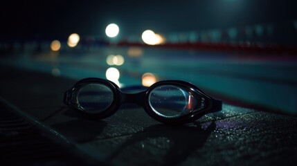 Low Light Silhouette of Swimmers Goggles at Pool Side Water Reflection