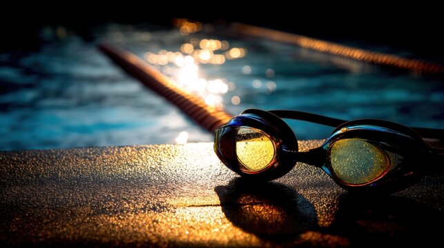 Low Light Silhouette of Swimmers Goggles Near Poolside Water Surface
