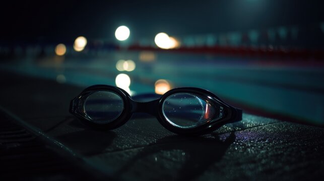 Low Light Silhouette of Swimmers Goggles at Pool Side Water Reflection