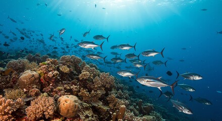 Obraz premium Underwater Coral Reef with School of Silver Fish in Clear Ocean Water