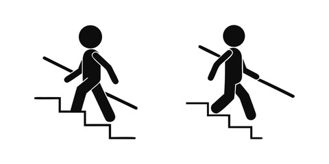 Bundle set isolated outline illustration safety sign of man walking down and climbing up stair or ladder, graphic resource for safety building sign, indoor information label
