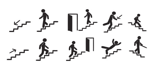 Bundle icon indoor safety stairs sign, arrow direction up and down, use handrail, injury hazard building label
