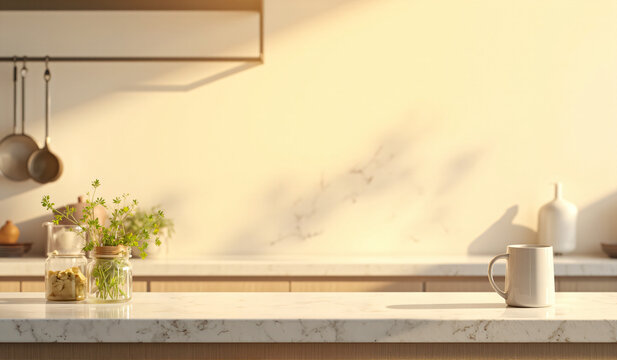A white coffee mug sitting on top of a kitchen counter.