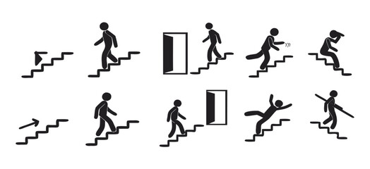 Bundle icon indoor safety stairs sign, arrow direction up and down, use handrail, injury hazard building label
