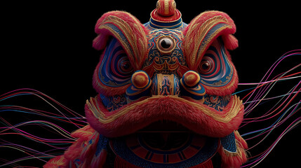 Fototapeta premium Colorful chinese lion dance mask celebrating lunar new year with festive red and gold decorations