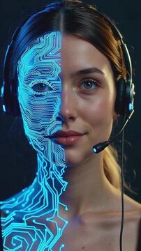 vertical. Half human face and half digital circuit face of woman wearing headset on dark background. Artificial intelligence and virtual assistant concept. Design for poster, banner, header, wallpaper